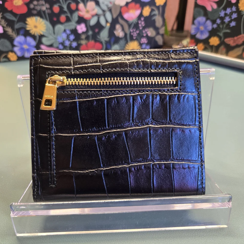 FURLA Lady M Black Croc-Embossed Compact Wallet